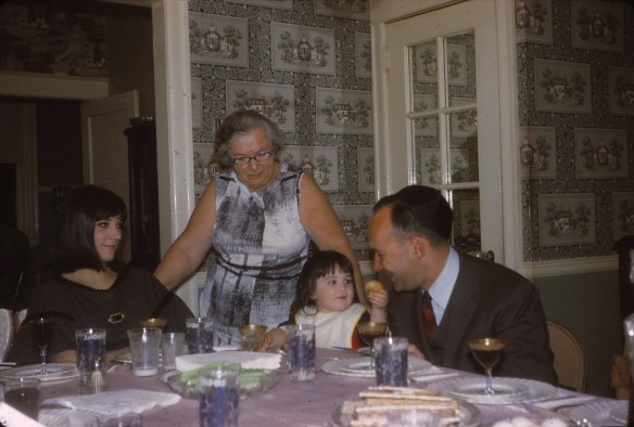 Passover 1967. Mom, Mom Mom Liz, Robin, and Uncle Milt in the dining room in Georges Lane. I have such strong memories of the wall paper.